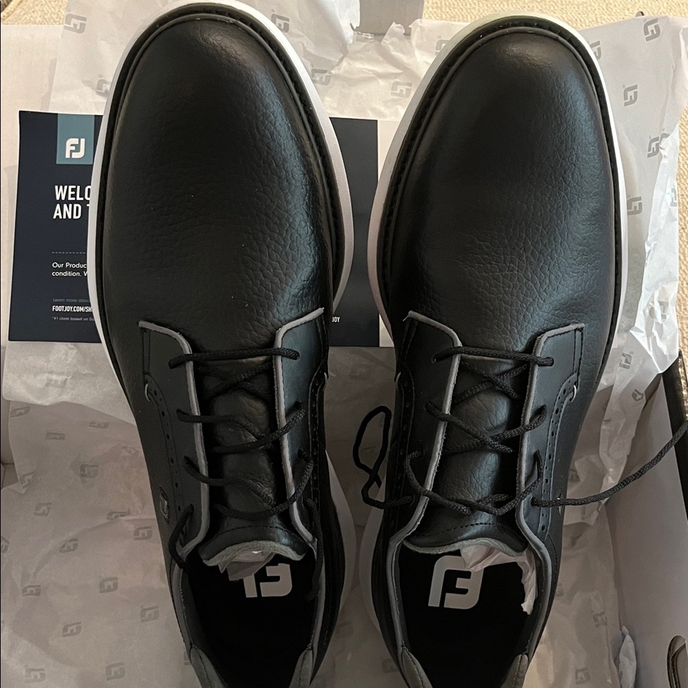 FootJoy Black Leather Lace-Up Golf Oxfords with White Trim